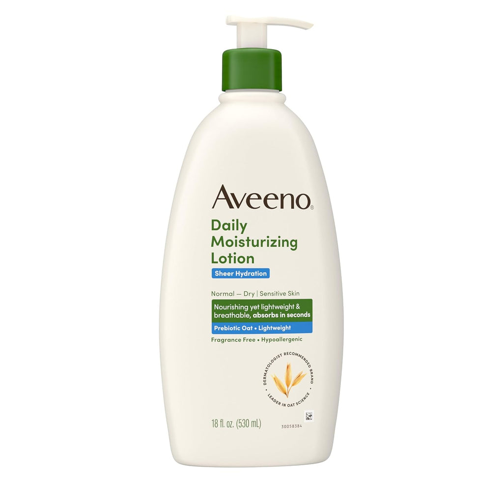 Aveeno Sheer Hydration Fragrance-Free Daily Moisturizing Lotion with Prebiotic Oat for Dry Skin, Lightweight, Fast-Absorbing Body Moisturizer Nourishes Skin with 48-Hour Moisture, 18 Fl. Oz
