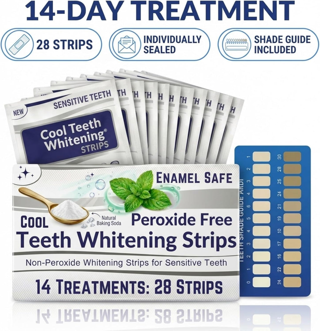 Natural Teeth Whitening Strips for Sensitive Teeth, Peroxide Free, Tooth Whitener White Strips, Enamel Safe No Bleach Formula, Vegan Whitening Kit, Mint Flavor Baking Soda Gel, 14 Day 28 Count