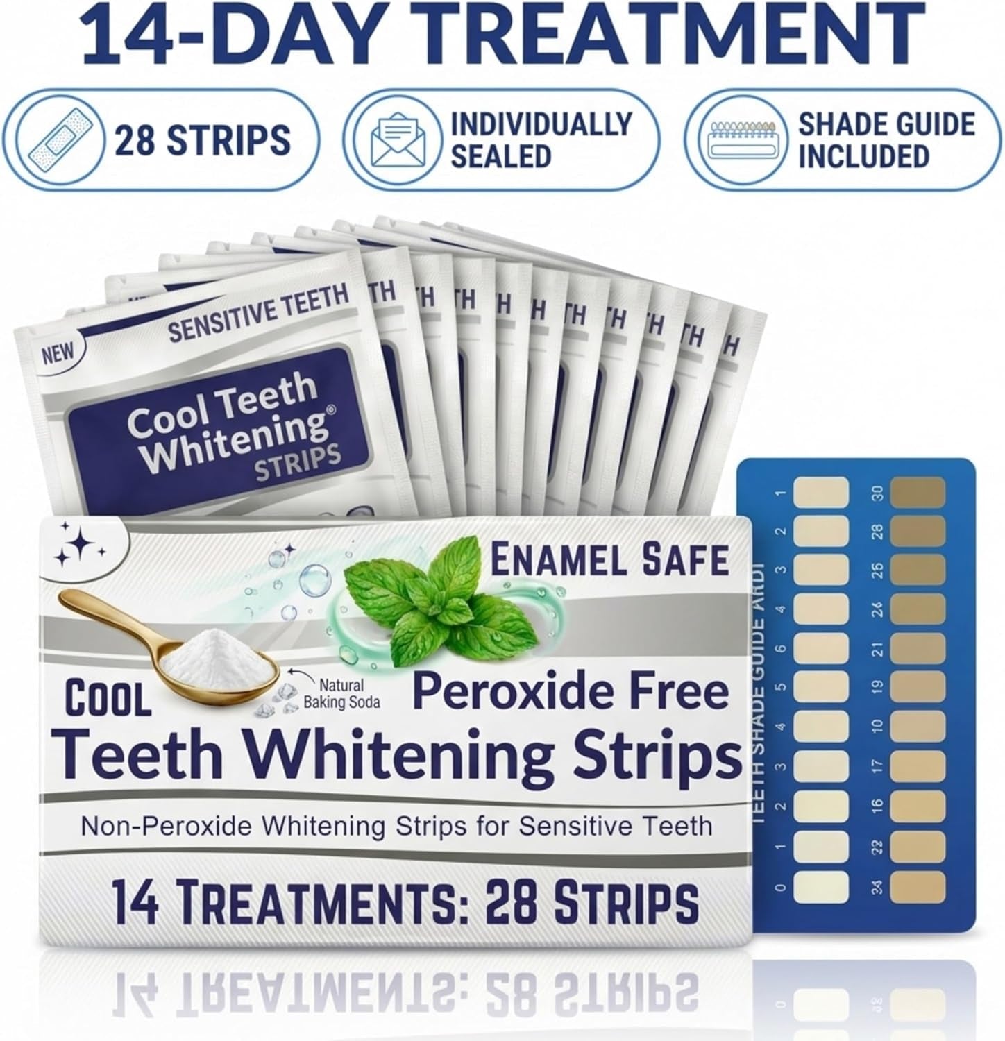 Natural Teeth Whitening Strips for Sensitive Teeth, Peroxide Free, Tooth Whitener White Strips, Enamel Safe No Bleach Formula, Vegan Whitening Kit, Mint Flavor Baking Soda Gel, 14 Day 28 Count