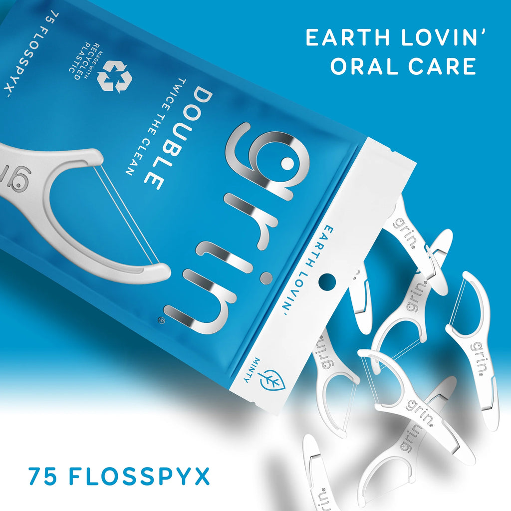(225 Pack) Grin Double Flosspyx - 75 Ct - Dental Floss Picks, Flossers, Two Lines of Super Strong Floss, Minty Fresh, Made with Recycled Plastic