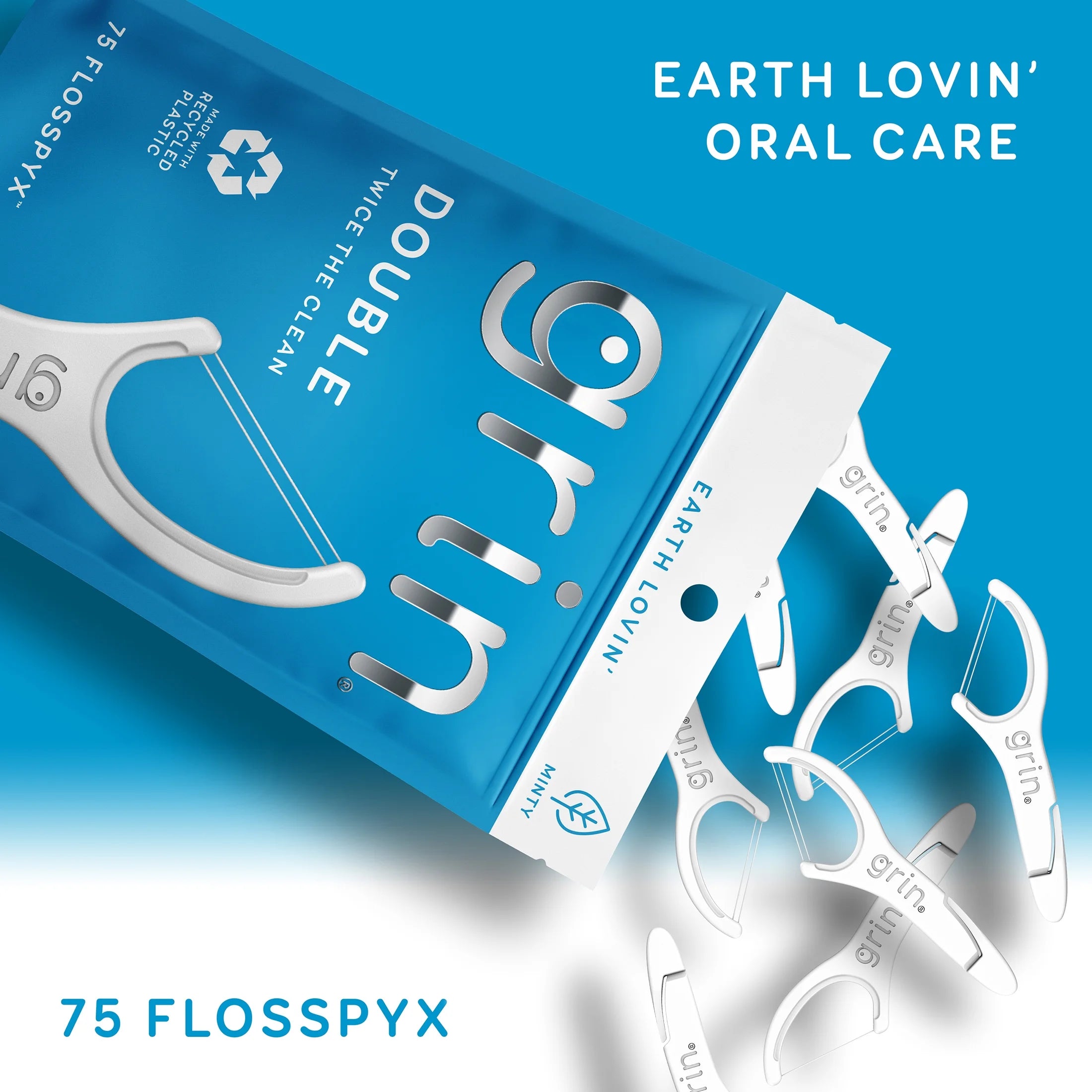 (225 Pack) Grin Double Flosspyx - 75 Ct - Dental Floss Picks, Flossers, Two Lines of Super Strong Floss, Minty Fresh, Made with Recycled Plastic