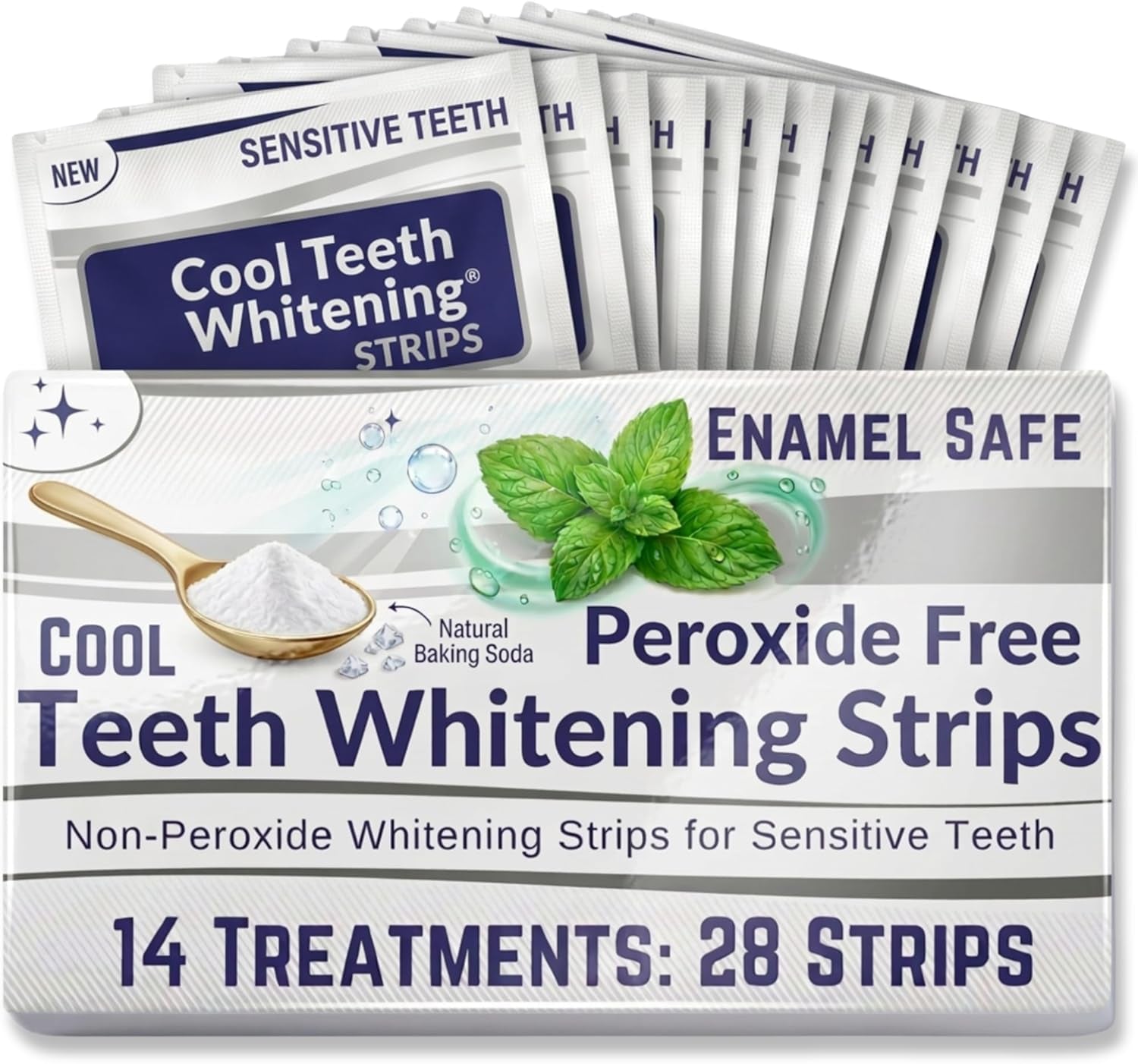 Natural Teeth Whitening Strips for Sensitive Teeth, Peroxide Free, Tooth Whitener White Strips, Enamel Safe No Bleach Formula, Vegan Whitening Kit, Mint Flavor Baking Soda Gel, 14 Day 28 Count