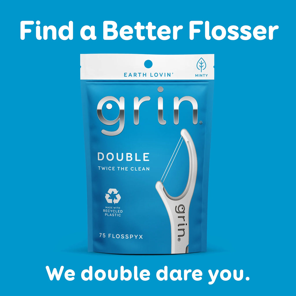 (225 Pack) Grin Double Flosspyx - 75 Ct - Dental Floss Picks, Flossers, Two Lines of Super Strong Floss, Minty Fresh, Made with Recycled Plastic
