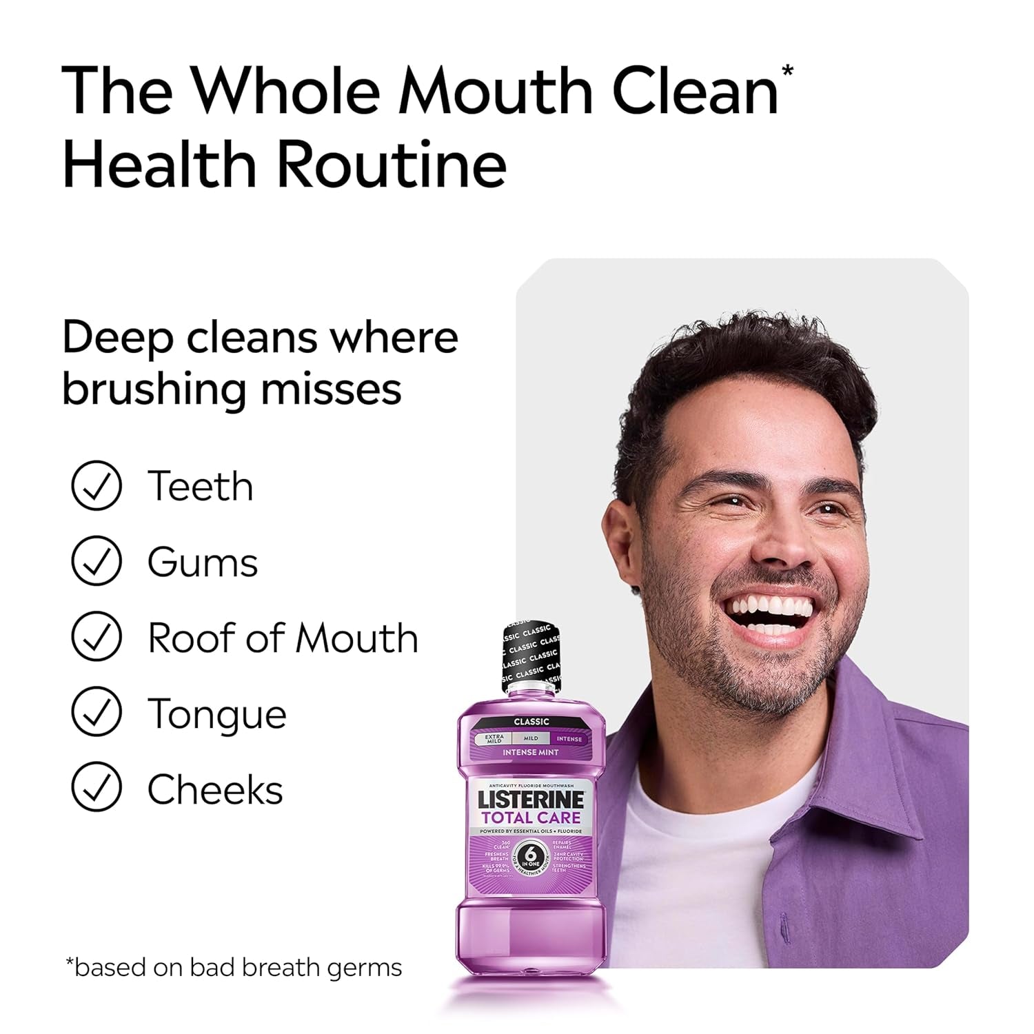 Listerine Total Care Anticavity Fluoride Mouthwash, 6-In-1 Rinse Helps Kill 99% of Bad Breath Germs, Prevents Cavities, Strengthens Teeth, Bad Breath Treatment for Adults, Fresh Mint, Twin Pack, 2X1 L