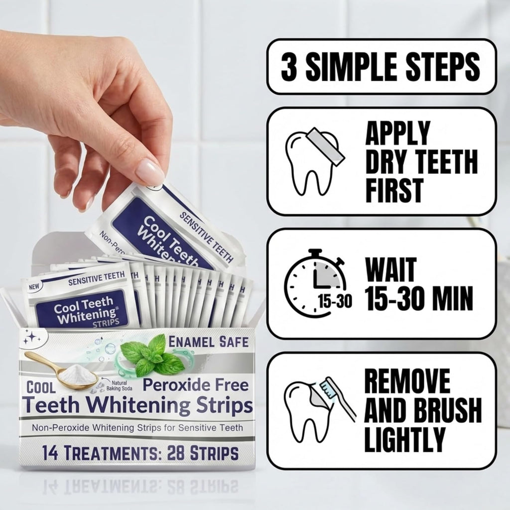 Natural Teeth Whitening Strips for Sensitive Teeth, Peroxide Free, Tooth Whitener White Strips, Enamel Safe No Bleach Formula, Vegan Whitening Kit, Mint Flavor Baking Soda Gel, 14 Day 28 Count