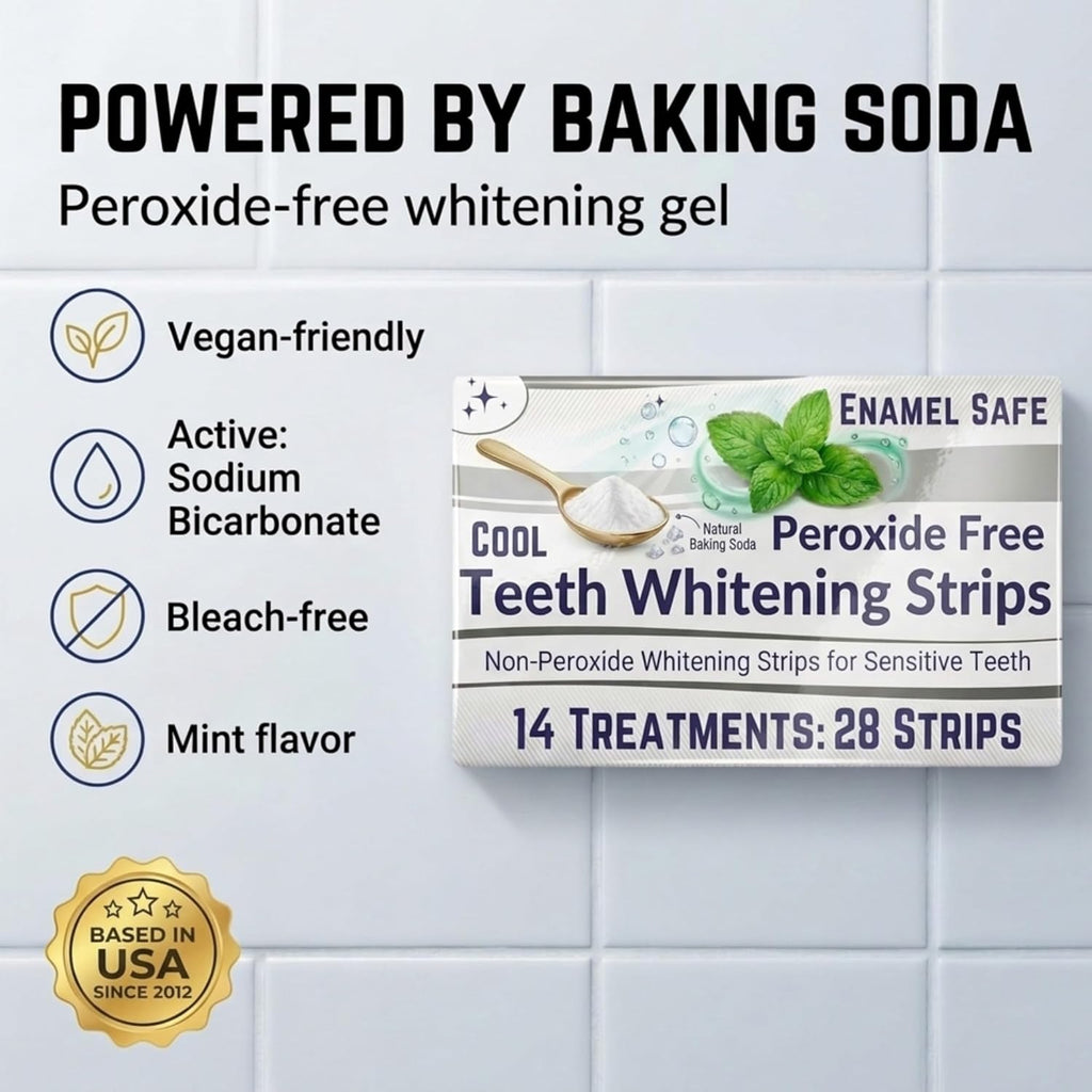 Natural Teeth Whitening Strips for Sensitive Teeth, Peroxide Free, Tooth Whitener White Strips, Enamel Safe No Bleach Formula, Vegan Whitening Kit, Mint Flavor Baking Soda Gel, 14 Day 28 Count