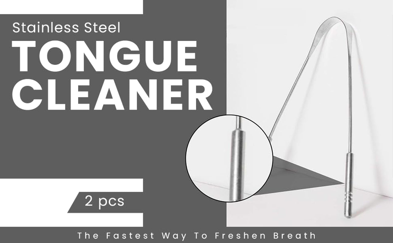 Stainless Steel Tongue Scraper for Adults 2 Pack, Metal Tongue Cleaner for Fresh Breath, Oral Hygiene Tongue Cleaning Tool Reusable (100% Stainless Steel)