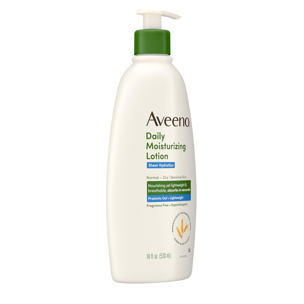 Aveeno Sheer Hydration Fragrance-Free Daily Moisturizing Lotion with Prebiotic Oat for Dry Skin, Lightweight, Fast-Absorbing Body Moisturizer Nourishes Skin with 48-Hour Moisture, 18 Fl. Oz