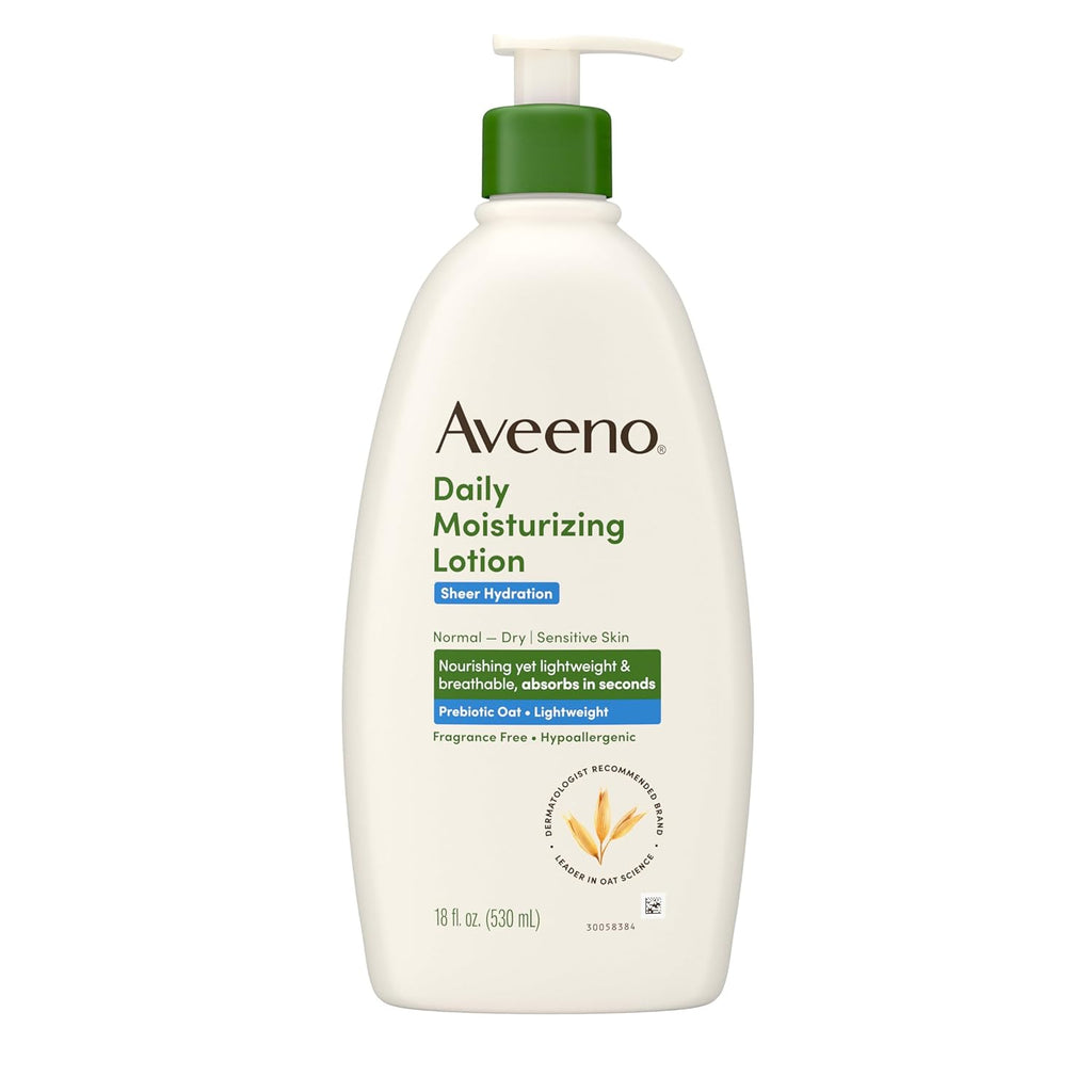 Aveeno Sheer Hydration Fragrance-Free Daily Moisturizing Lotion with Prebiotic Oat for Dry Skin, Lightweight, Fast-Absorbing Body Moisturizer Nourishes Skin with 48-Hour Moisture, 18 Fl. Oz