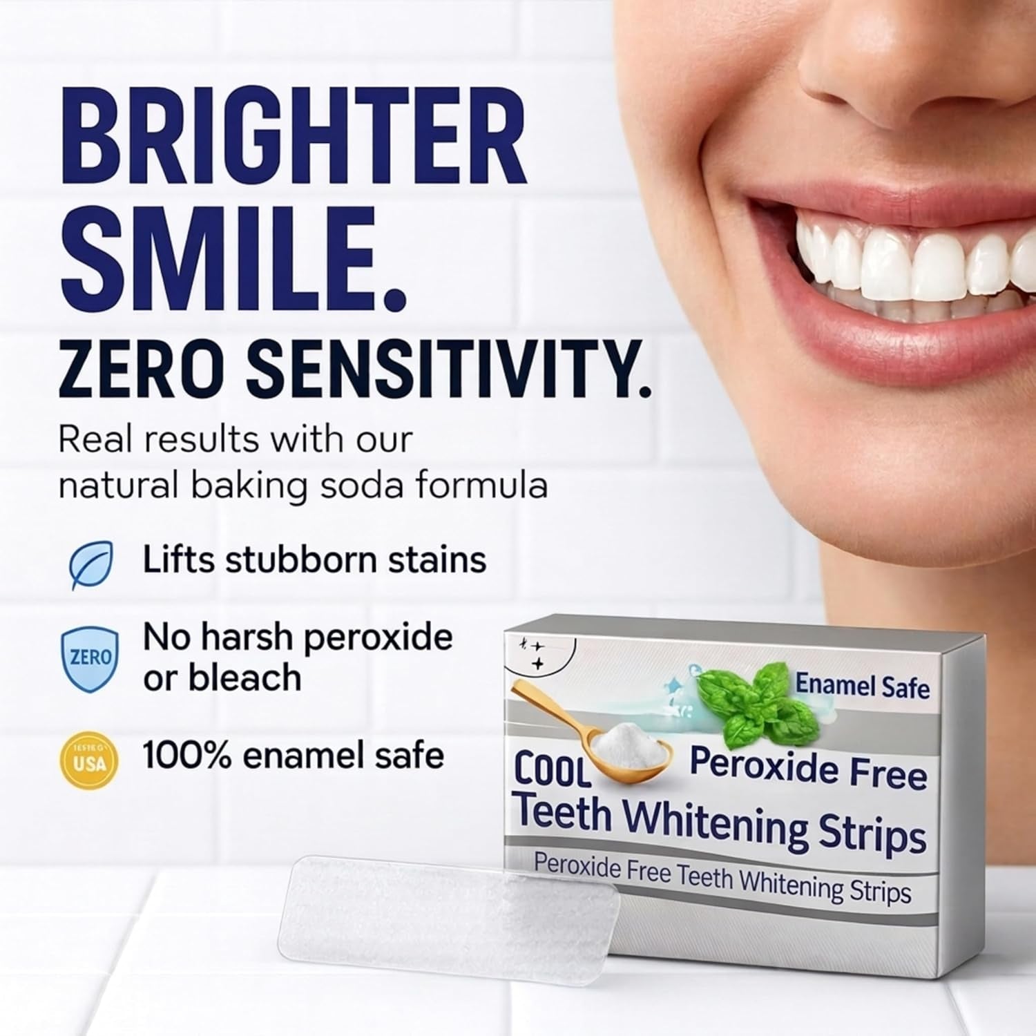 Natural Teeth Whitening Strips for Sensitive Teeth, Peroxide Free, Tooth Whitener White Strips, Enamel Safe No Bleach Formula, Vegan Whitening Kit, Mint Flavor Baking Soda Gel, 14 Day 28 Count