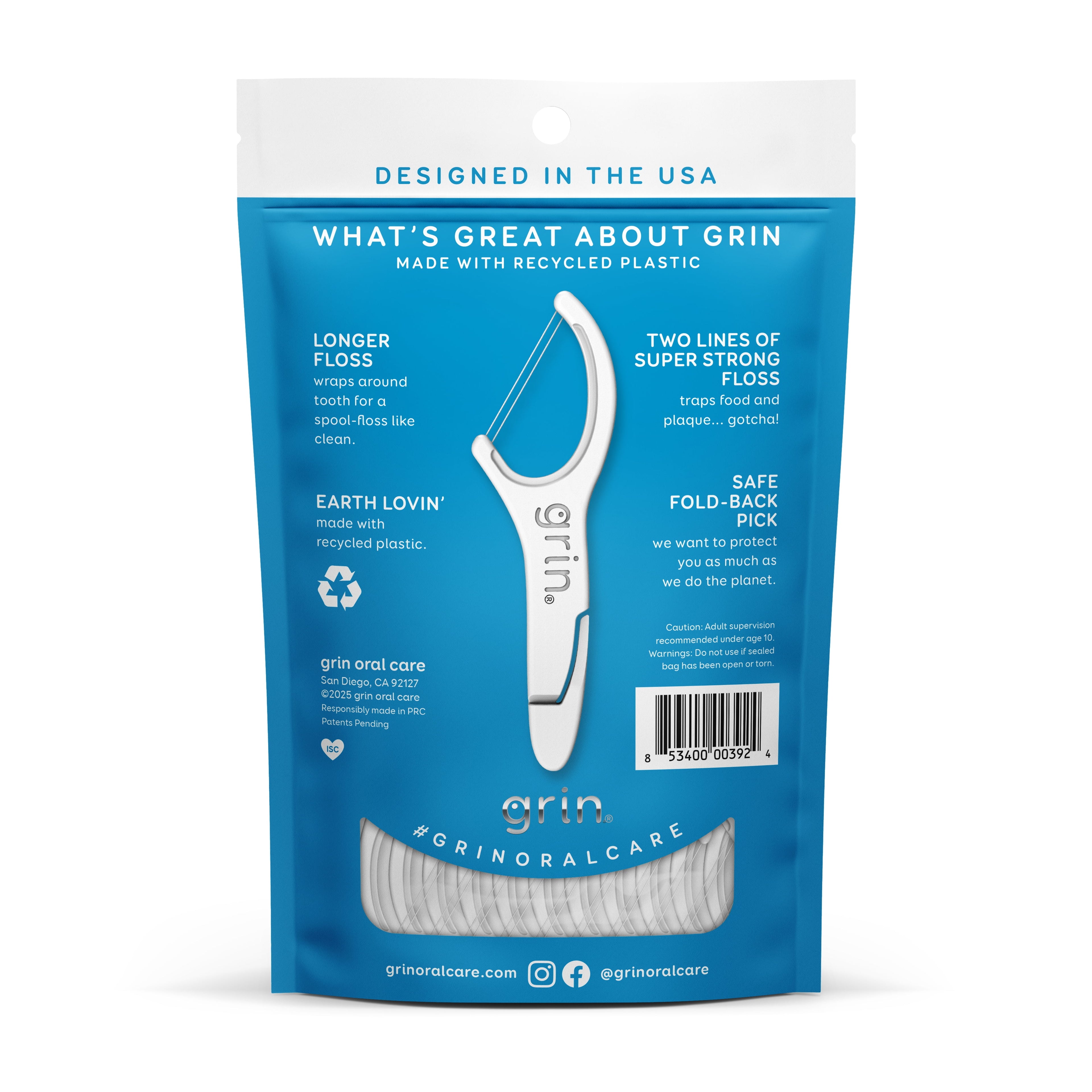 (225 Pack) Grin Double Flosspyx - 75 Ct - Dental Floss Picks, Flossers, Two Lines of Super Strong Floss, Minty Fresh, Made with Recycled Plastic