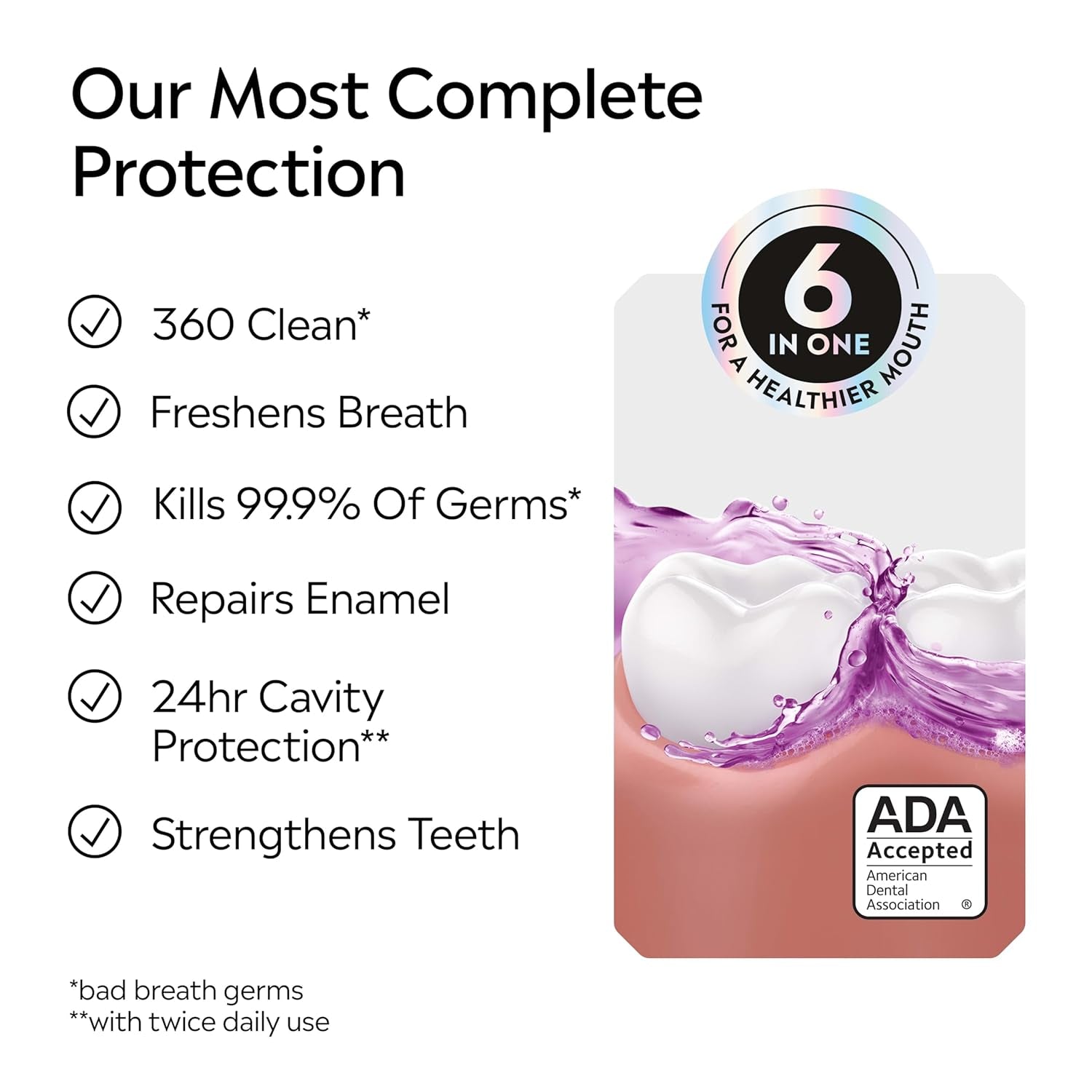 Listerine Total Care Anticavity Fluoride Mouthwash, 6-In-1 Rinse Helps Kill 99% of Bad Breath Germs, Prevents Cavities, Strengthens Teeth, Bad Breath Treatment for Adults, Fresh Mint, Twin Pack, 2X1 L