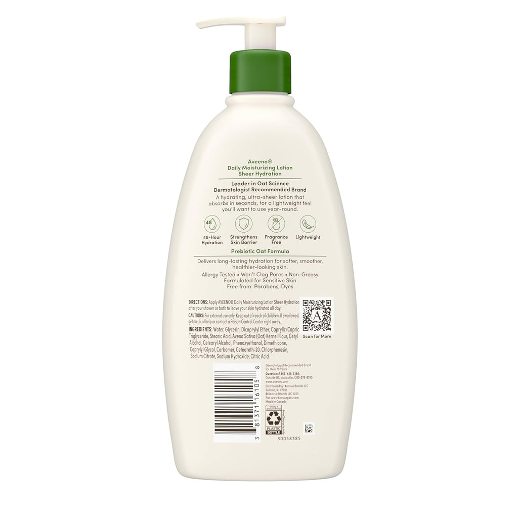 Aveeno Sheer Hydration Fragrance-Free Daily Moisturizing Lotion with Prebiotic Oat for Dry Skin, Lightweight, Fast-Absorbing Body Moisturizer Nourishes Skin with 48-Hour Moisture, 18 Fl. Oz