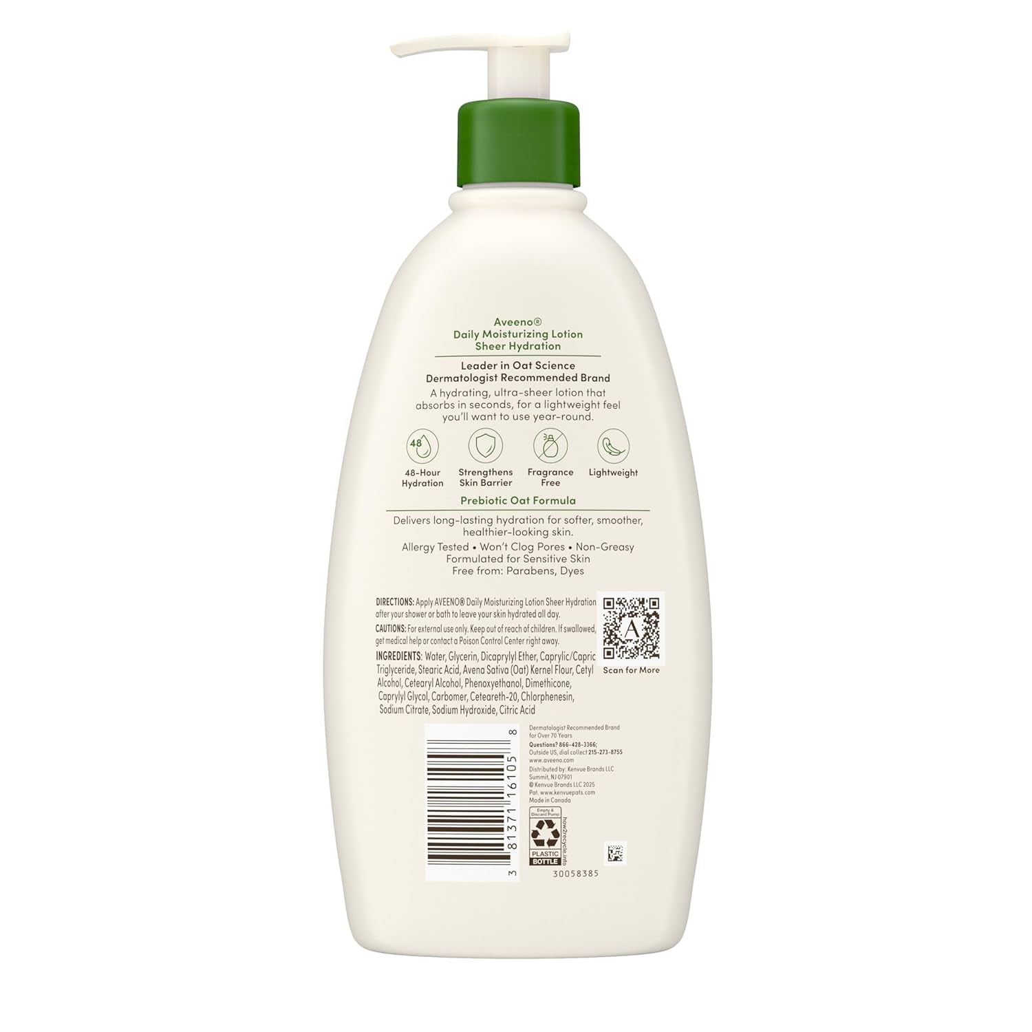 Aveeno Sheer Hydration Fragrance-Free Daily Moisturizing Lotion with Prebiotic Oat for Dry Skin, Lightweight, Fast-Absorbing Body Moisturizer Nourishes Skin with 48-Hour Moisture, 18 Fl. Oz