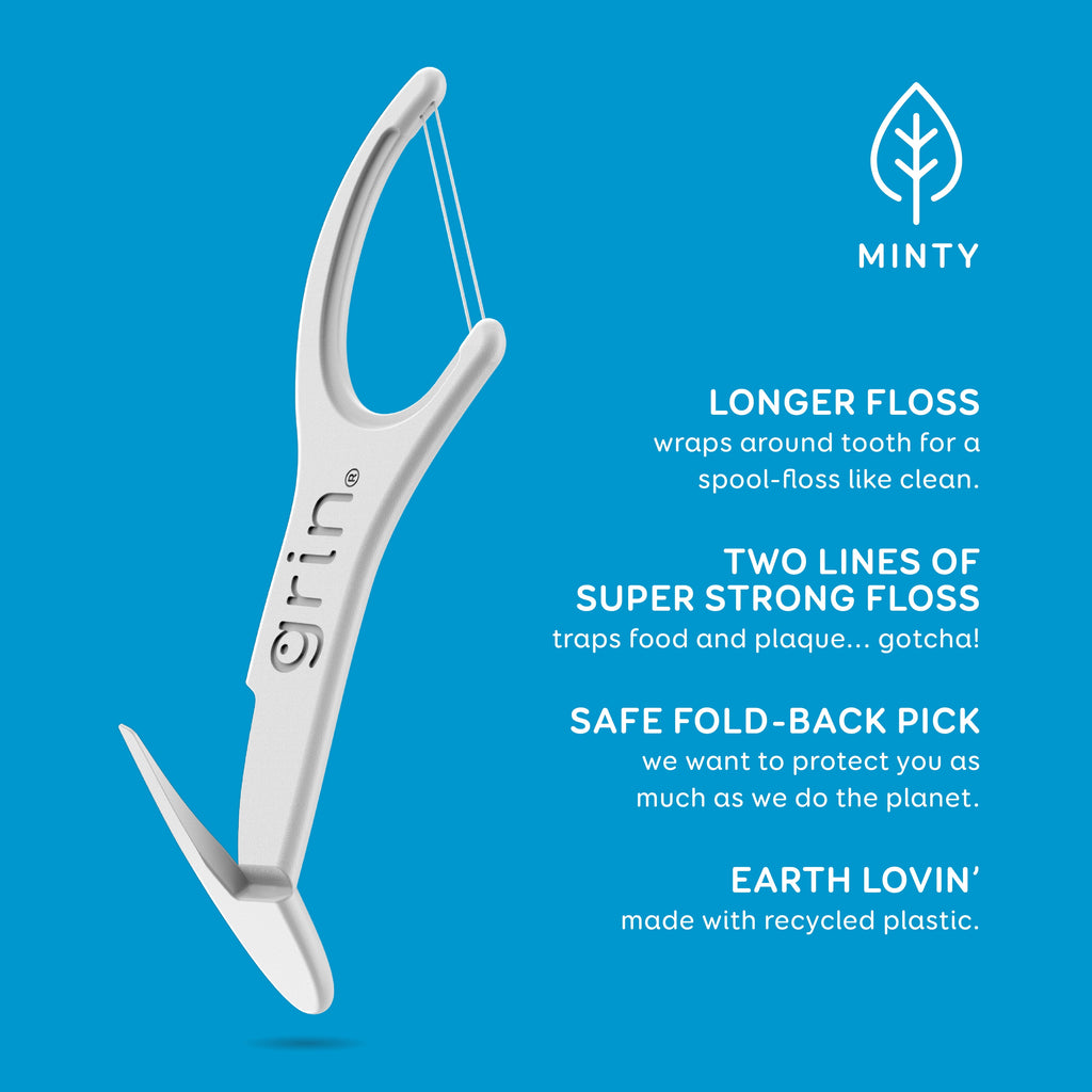 (225 Pack) Grin Double Flosspyx - 75 Ct - Dental Floss Picks, Flossers, Two Lines of Super Strong Floss, Minty Fresh, Made with Recycled Plastic