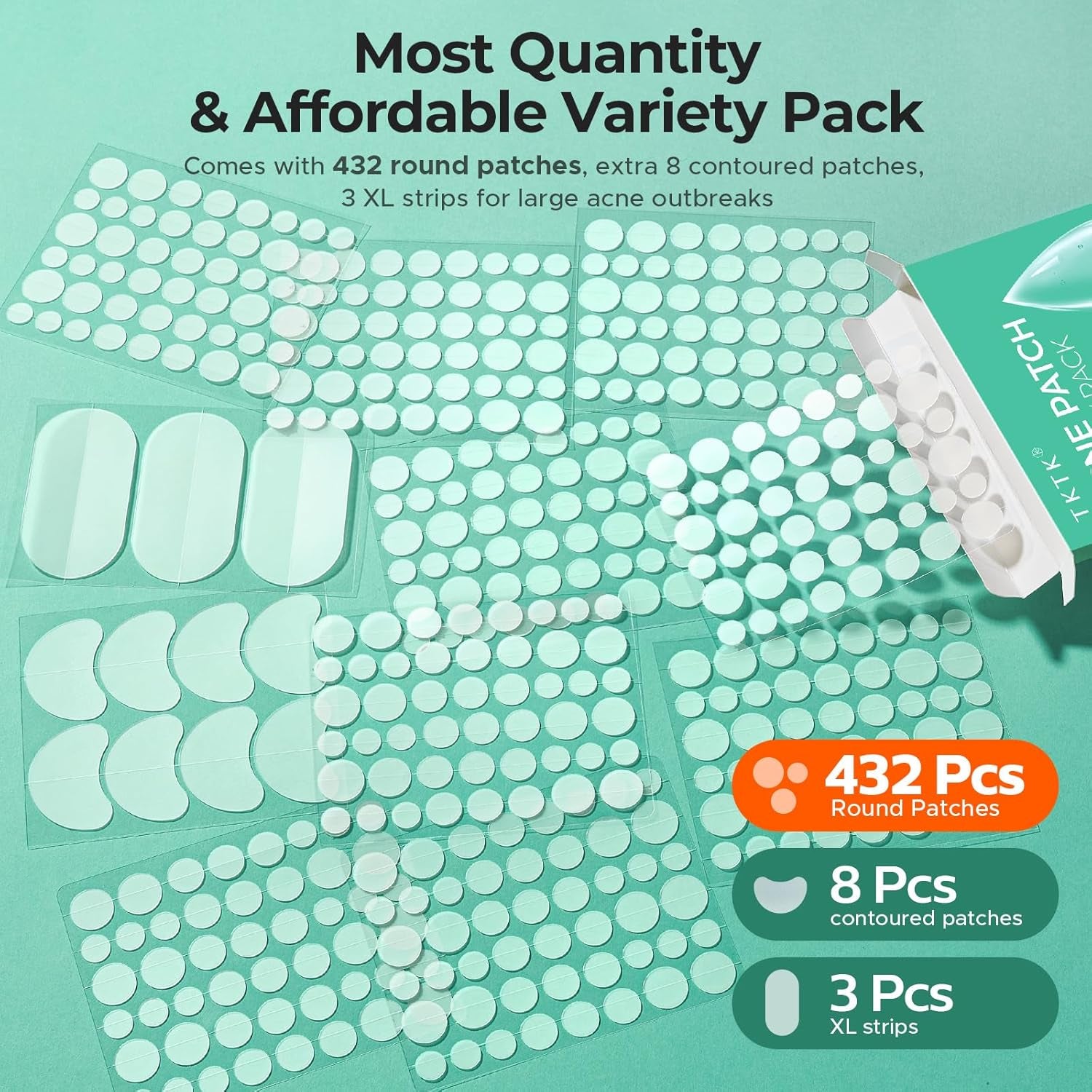443 Count Pimple Patches for Face, Hydrocolloid Acne Patch Bulk, Acne Stickers for Covering Cheeks, Forehead, Chin Blemishes Zit Breakouts for All Skin Types (Dots, Strip, Contoured 5 Sizes)