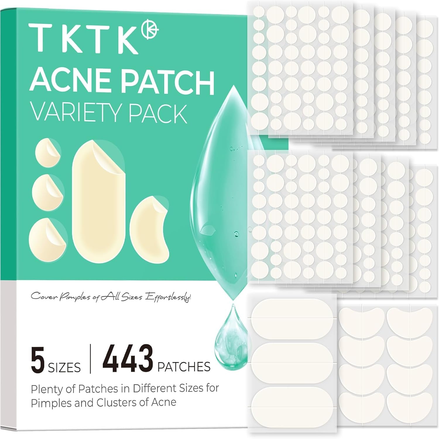 443 Count Pimple Patches for Face, Hydrocolloid Acne Patch Bulk, Acne Stickers for Covering Cheeks, Forehead, Chin Blemishes Zit Breakouts for All Skin Types (Dots, Strip, Contoured 5 Sizes)